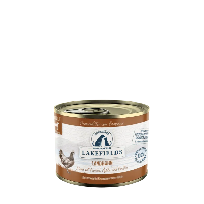 Lakefields Nassfutter-Menü Huhn Landhuhn mit Fenchel, Äpfeln und Kartoffeln. Für ausgewachsene Hunde