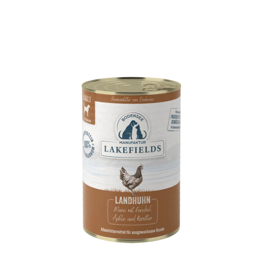 Lakefields Nassfutter-Menü Huhn Landhuhn mit Fenchel, Äpfeln und Kartoffeln. Für ausgewachsene Hunde