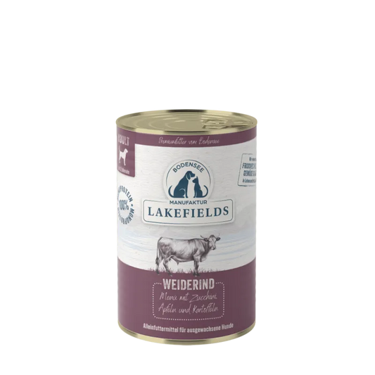 Lakefields Nassfutter-Menü Rind Weiderind mit Zucchini, Äpfeln und Karotten. Für ausgewachsene Hunde