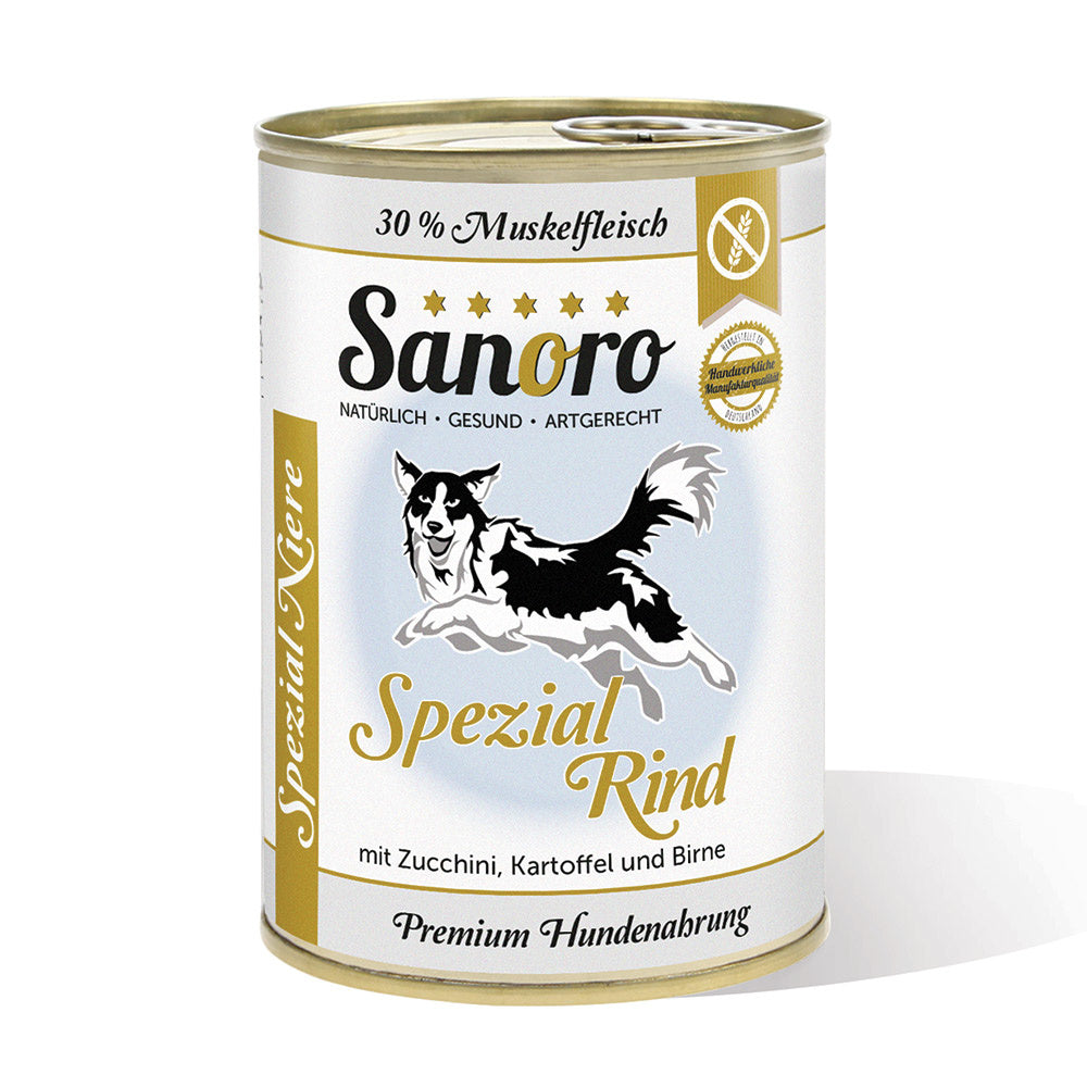 Sanoro- Spezialfutter bei Nierenproblemen Bio-Rind mit Bio-Zucchini, Bio-Kartoffel, Bio-Birne