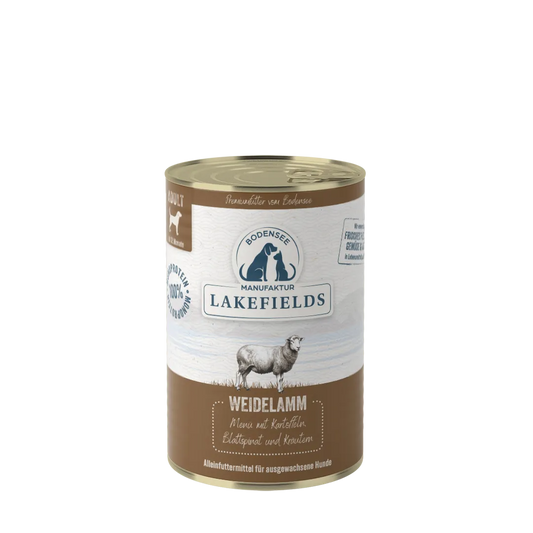 Lakefields Nassfutter-Menü Lamm Weidelamm mit Kartoffeln, Blattspinat und Kräutern Für ausgewachsene Hunde
