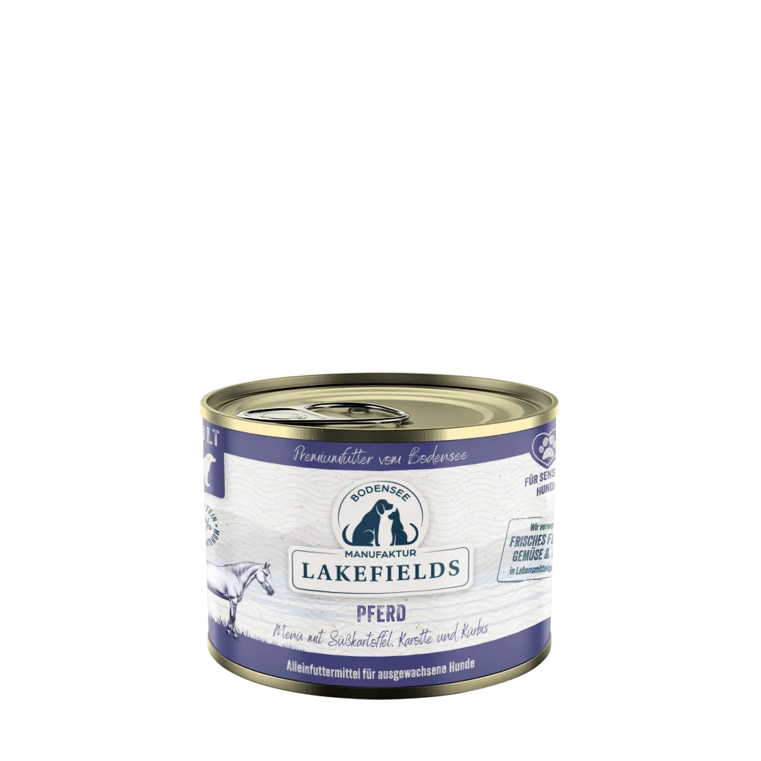 Lakefields Nassfutter-Menü Pferd mit Süßkartoffeln, Karotte und Kürbis.Für ausgewachsene Hunde
