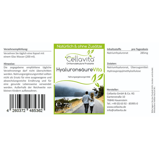 Hyaluronsäure Vita 180 Kapseln (Vegan) im Glas