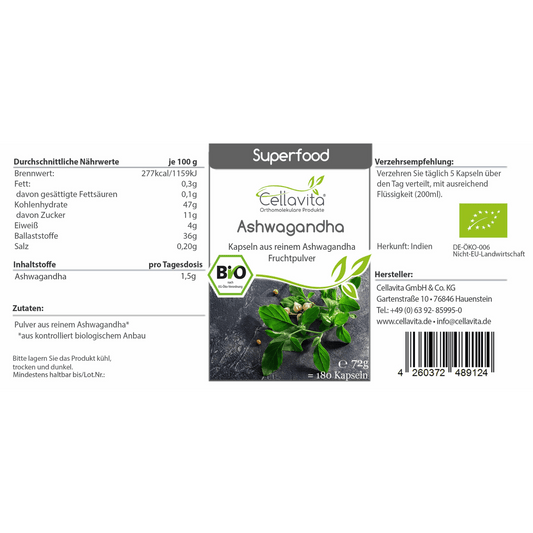 Superfood Ashwagandha bio 180 Kapseln Glas