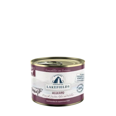 Lakefields Nassfutter-Menü Rind Weiderind mit Zucchini, Äpfeln und Karotten. Für ausgewachsene Hunde