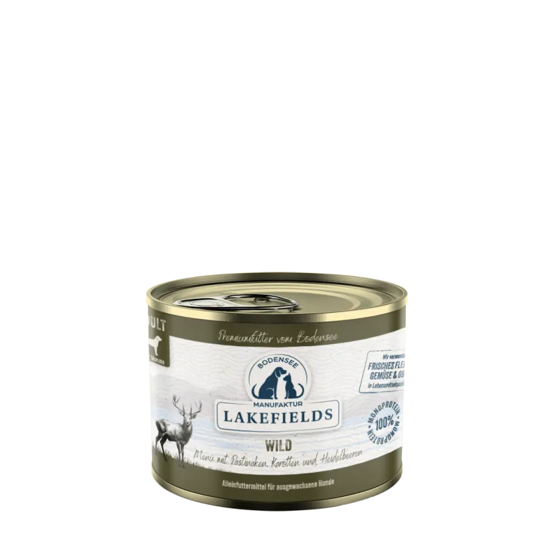 Lakefields Nassfutter-Menü Wild mit Pastinaken, Karotten und Heidelbeeren. Für ausgewachsene Hunde