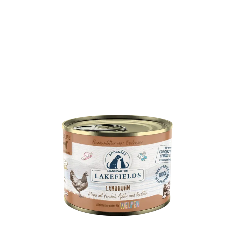 Lakefields Nassfutter-Menü Huhn Landhuhn mit Fenchel, Äpfeln und Kartoffeln. Für Welpen