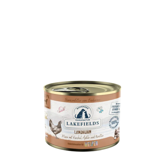 Lakefields Nassfutter-Menü Huhn Landhuhn mit Fenchel, Äpfeln und Kartoffeln. Für Welpen