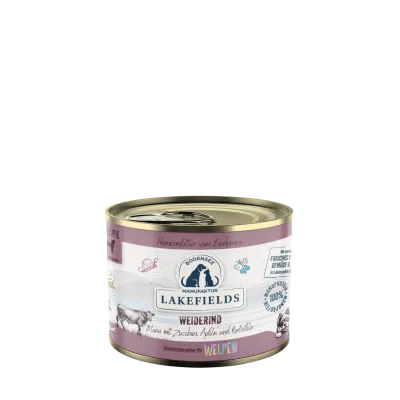 Lakefields Nassfutter-Menü Rind Weiderind mit Karotten, Äpfeln und Kartoffeln. Für Welpen