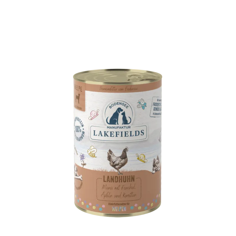 Lakefields Nassfutter-Menü Huhn Landhuhn mit Fenchel, Äpfeln und Kartoffeln. Für Welpen