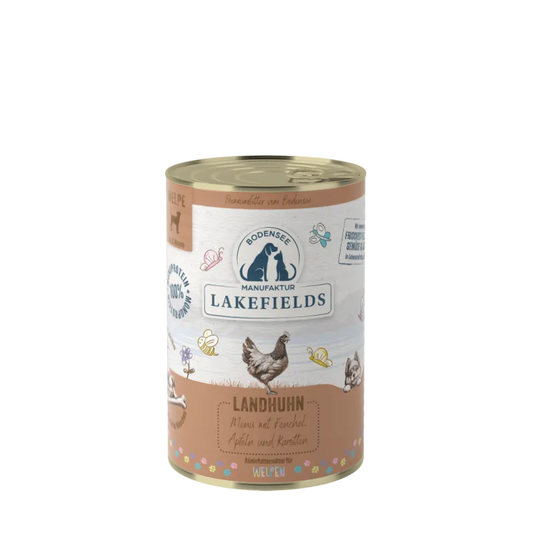 Lakefields Nassfutter-Menü Huhn Landhuhn mit Fenchel, Äpfeln und Kartoffeln. Für Welpen