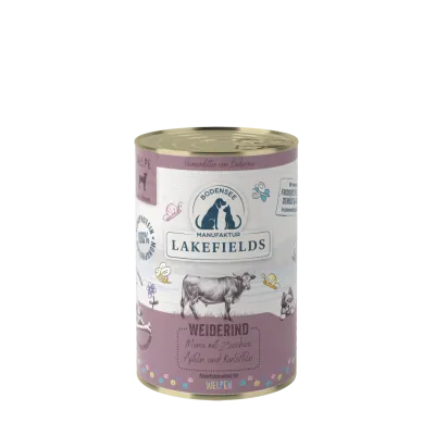Lakefields Nassfutter-Menü Rind Weiderind mit Karotten, Äpfeln und Kartoffeln. Für Welpen