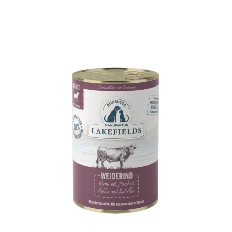 Lakefields Nassfutter-Menü Rind Weiderind mit Zucchini, Äpfeln und Karotten. Für ausgewachsene Hunde