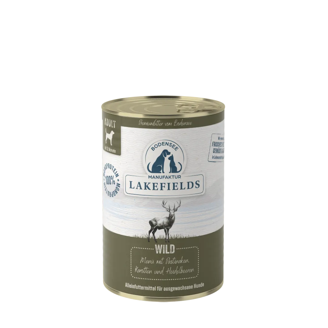 Lakefields Nassfutter-Menü Wild mit Pastinaken, Karotten und Heidelbeeren. Für ausgewachsene Hunde