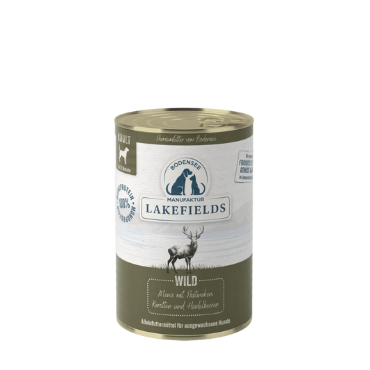 Lakefields Nassfutter-Menü Wild mit Pastinaken, Karotten und Heidelbeeren. Für ausgewachsene Hunde