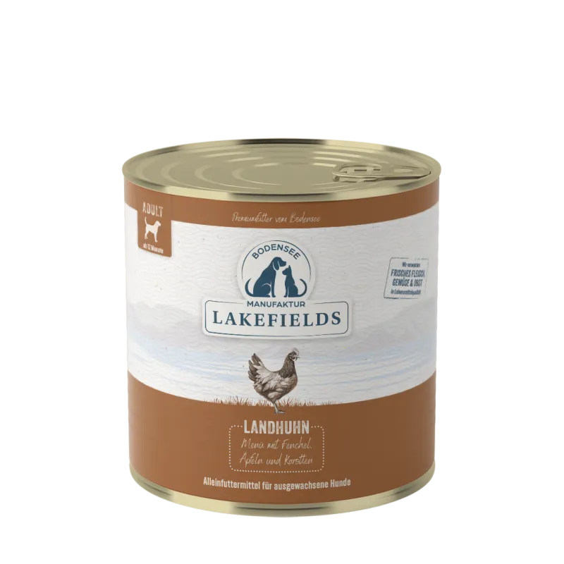 Lakefields Nassfutter-Menü Huhn Landhuhn mit Fenchel, Äpfeln und Kartoffeln. Für ausgewachsene Hunde