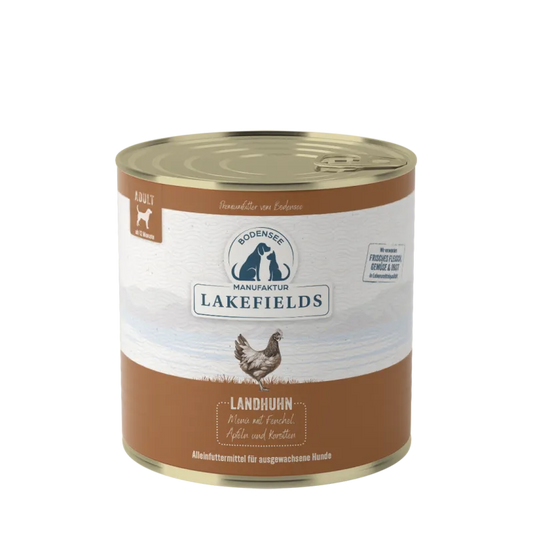 Lakefields Nassfutter-Menü Huhn Landhuhn mit Fenchel, Äpfeln und Kartoffeln. Für ausgewachsene Hunde