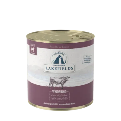 Lakefields Nassfutter-Menü Rind Weiderind mit Zucchini, Äpfeln und Karotten. Für ausgewachsene Hunde