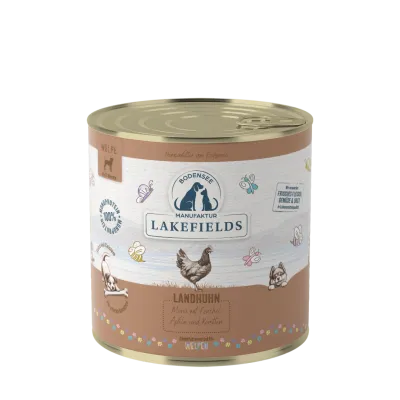 Lakefields Nassfutter-Menü Huhn Landhuhn mit Fenchel, Äpfeln und Kartoffeln. Für Welpen