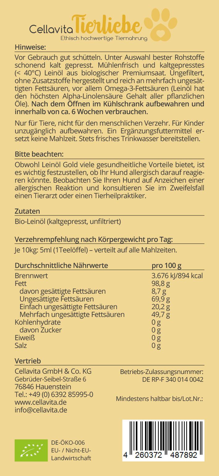 Saatengold-Bio-Feinschmecker-Öle "Leinöl Pur" für Hunde