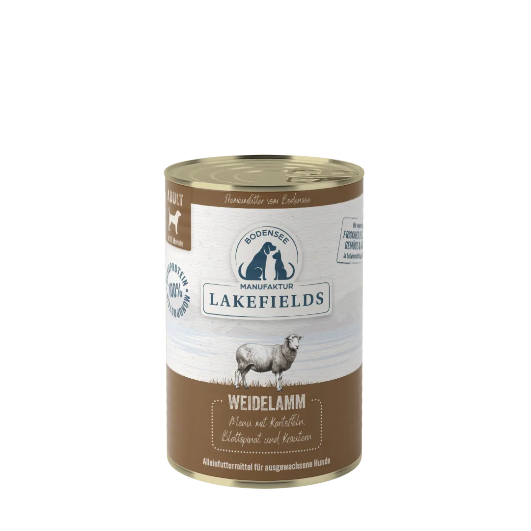 Lakefields Nassfutter-Menü Lamm Weidelamm mit Kartoffeln, Blattspinat und Kräutern Für ausgewachsene Hunde
