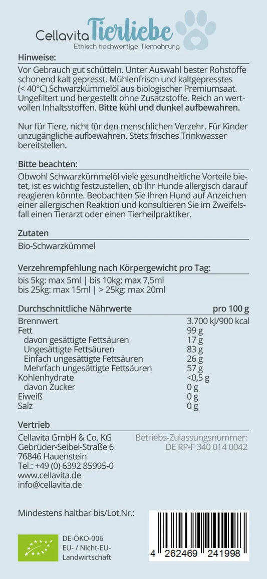 Bio-Schwarzkümmelöl Tier 250ml