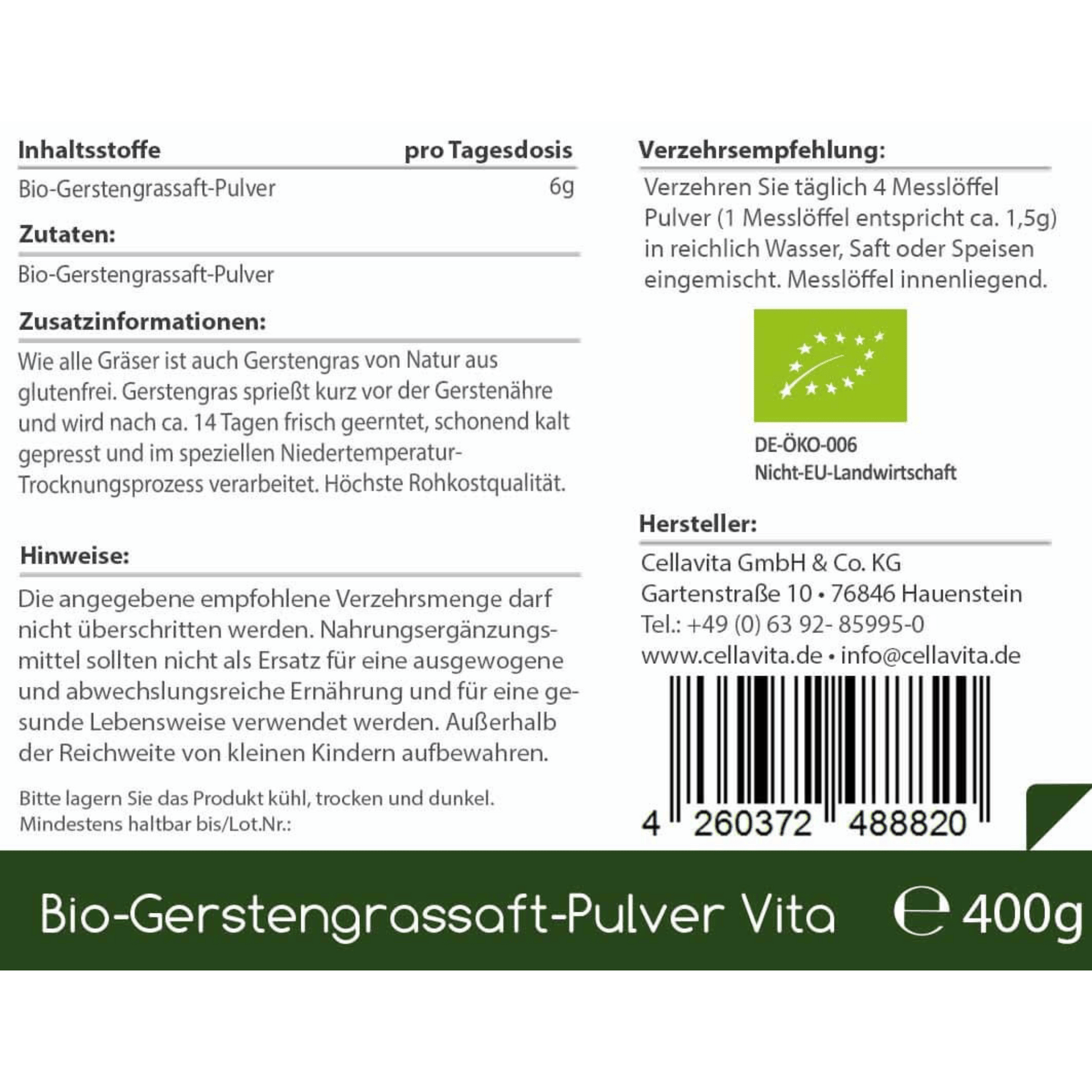 Bio Gerstengrassaft-Pulver Vita 400g Pulver im Vorratsbeutel - Gerstengrassaft