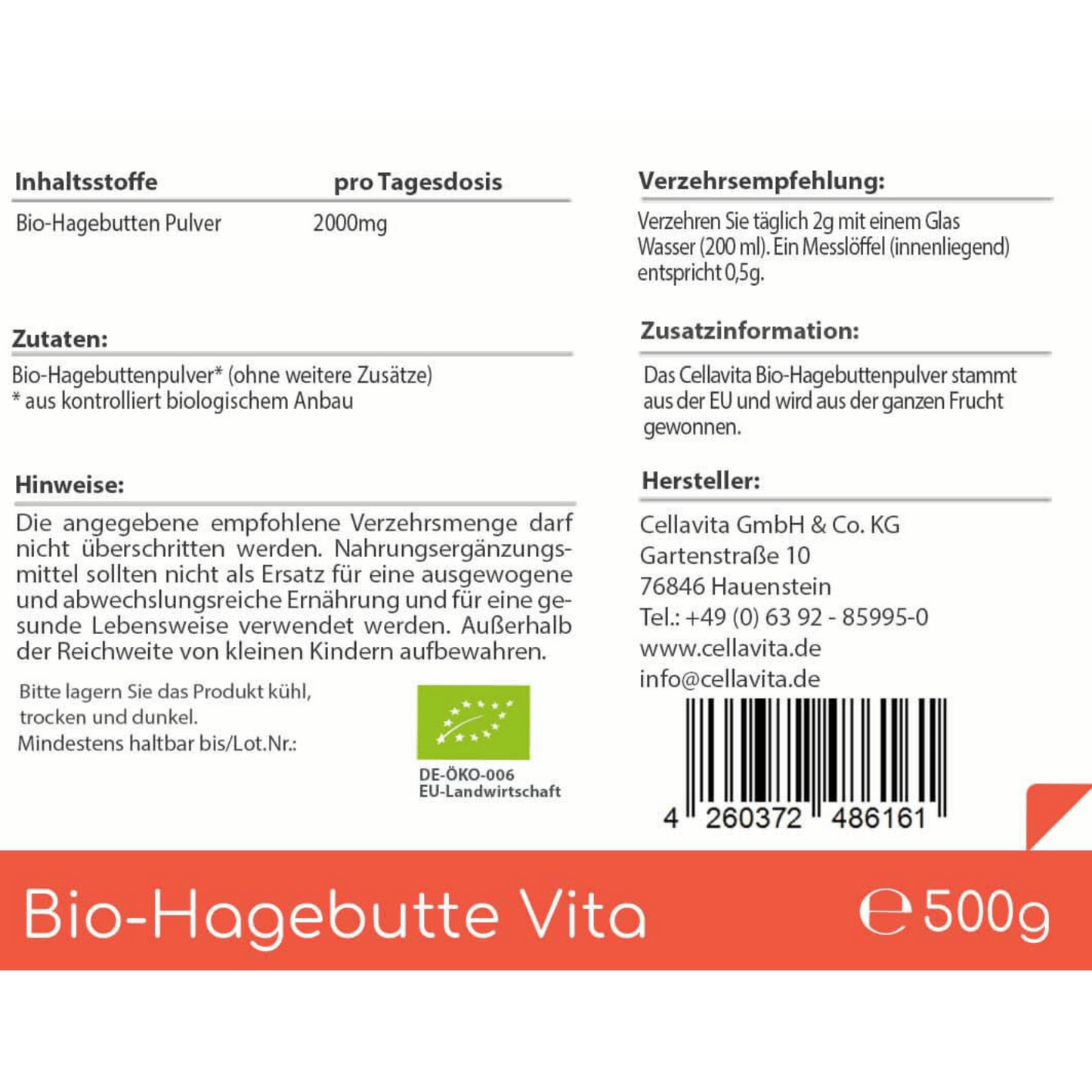 Bio Hagebutte Vita - 500g Pulver (vegan) Vorratsbeutel