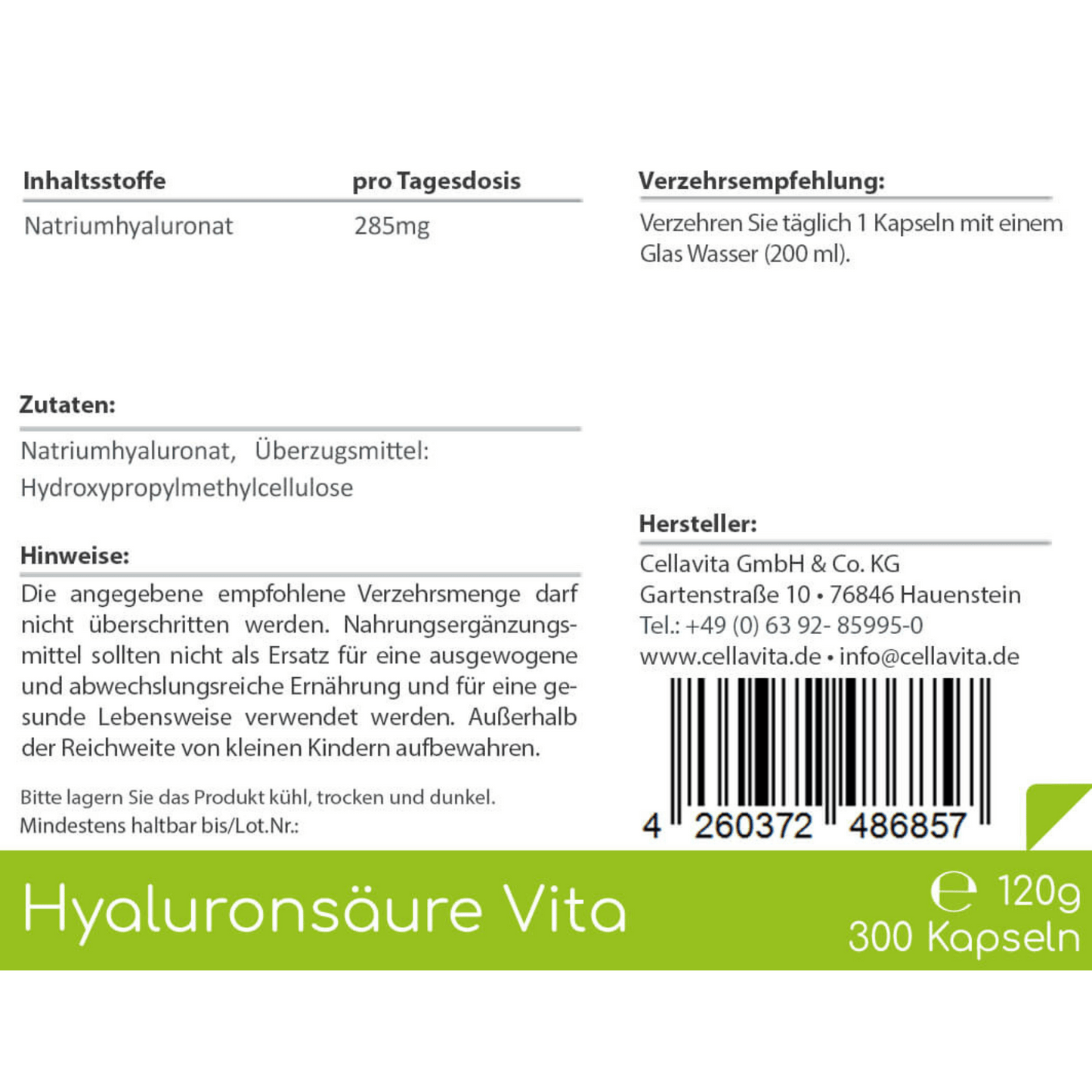 Hyaluronsäure Vita 300 Kapseln (Vegan) im Vorratsbeutel