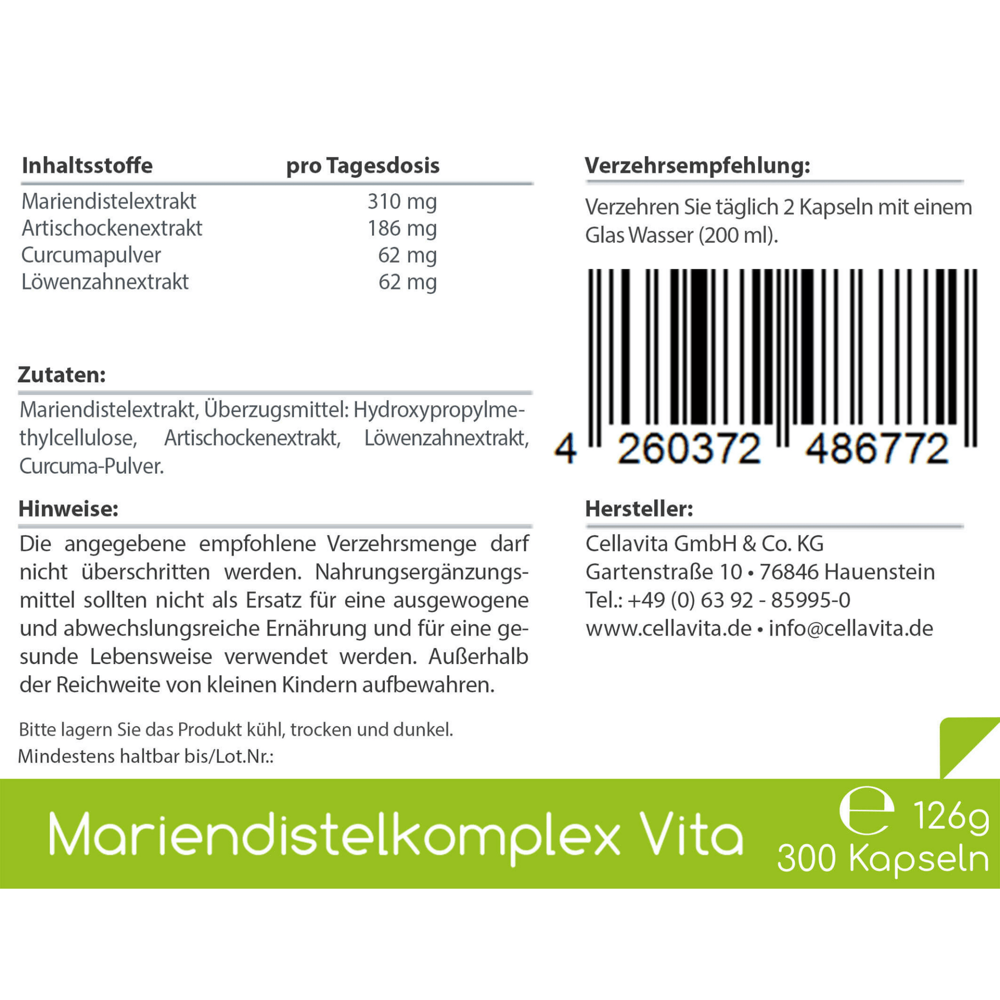 Mariendistel Komplex Vita 300 Kapseln im Vorratsbeutel