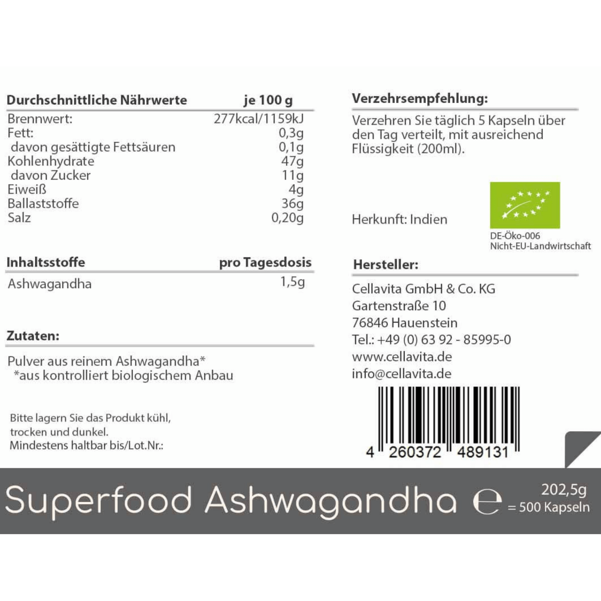 Superfood Ashwagandha bio 500 Kapseln Vorratsbeutel