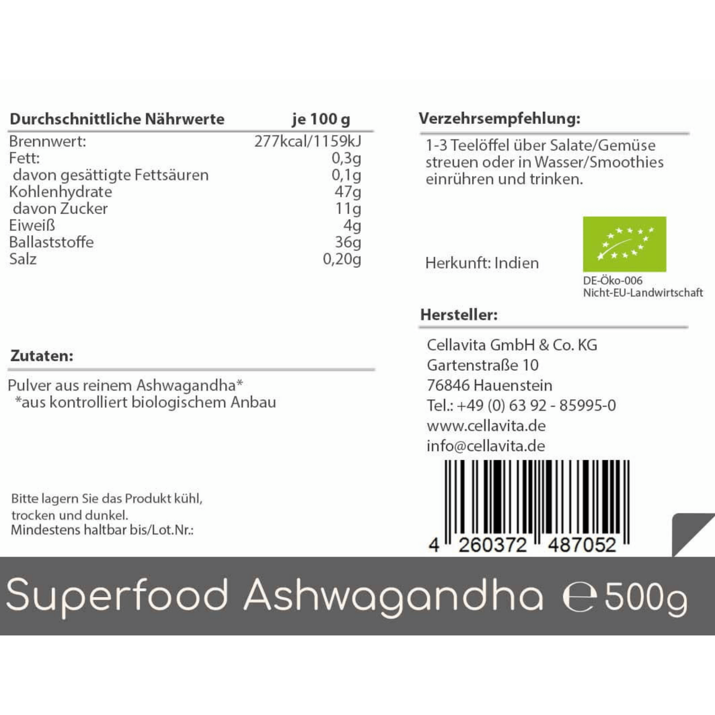 Superfood Ashwagandha bio 500g Pulver Vorratsbeutel